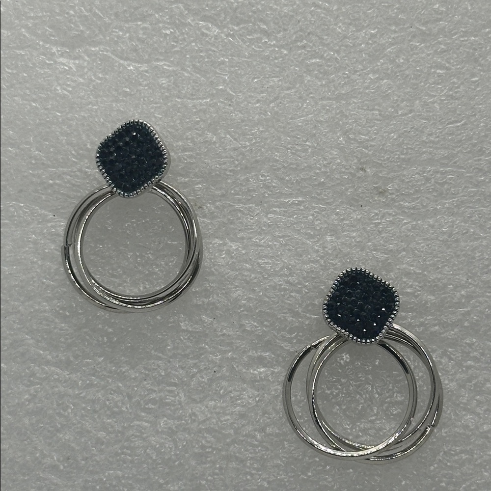 STUNNING Navy Blue Crystal Silver Dangle Hoop Earrings | Statement Jewelry | NWT - Picture 14 of 16